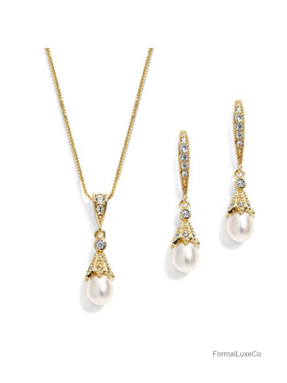 Vintage Gold Plated Freshwater Pearl Necklace and Earrings Jewelry Set for